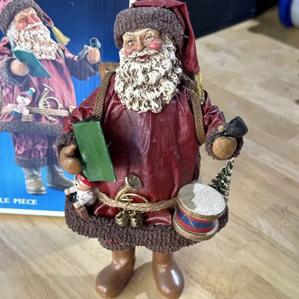 Kurt Adler Santa’s World Fabric Mache 10.5” Burgundy Santa w/ Toys & Box VTG